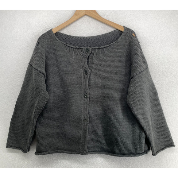 Eileen Fisher Sweaters - EILEEN FISHER Cardigan L Heavy Cotton Chunky Button Up Drop Shoulder Gray